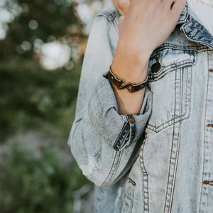 Range Leather Antero bracelet in nut Brown, shown on a model