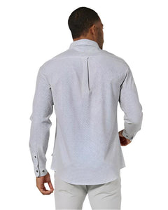 Model Wearing 7 diamonds axton long sleeve shirt, white, rear view