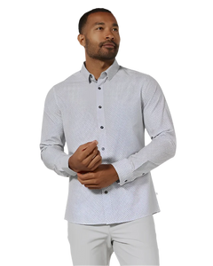 Model Wearing 7 diamonds axton long sleeve shirt, white, front view