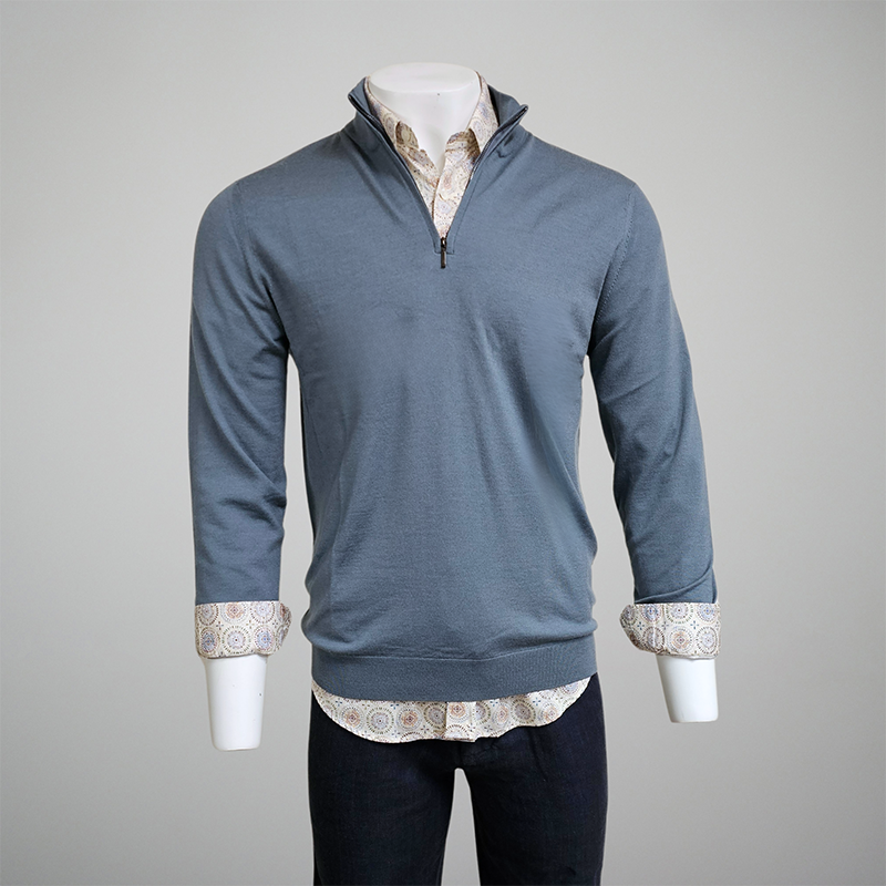 Stitchnote Merino wool 1/4 zip mock neck sweater in blue steel color