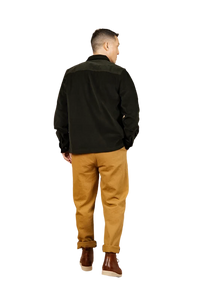 Model Wearing Bridge & Burn Banks Shirt Jacket in Deep Pine Corduroy, rear view