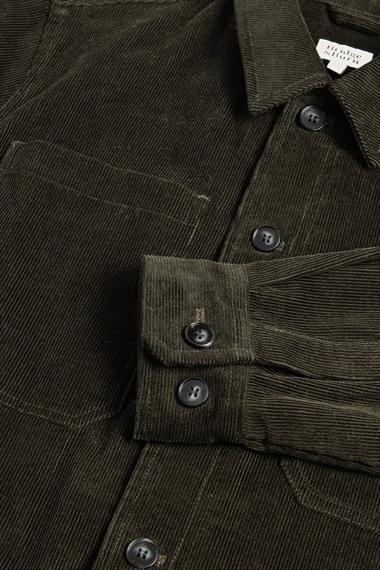 Bridge & Burn Banks Shirt Jacket in Deep Pine Corduroy, Flat Lay close up detail view