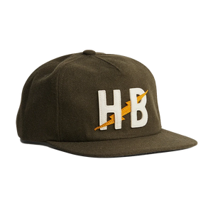 Howler Brothers Big HB Snapback Hat in dark olive, front view