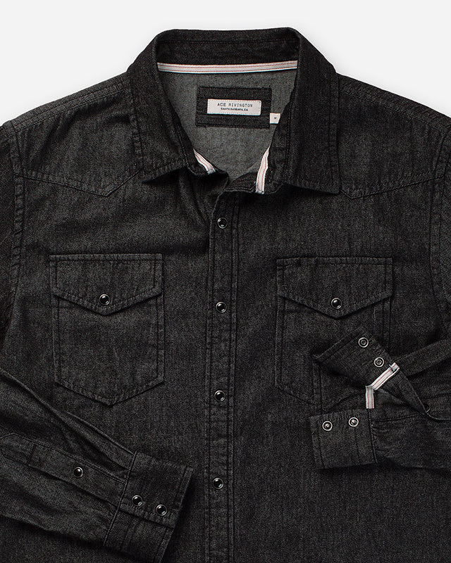 Ace Rivington Midweight denim Shirt, black rinse, front close up view