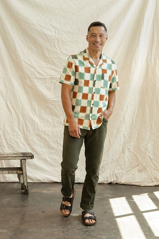 Model wearing Bridge & Burn Bodie Shirt in Mod Checker colorway, front view