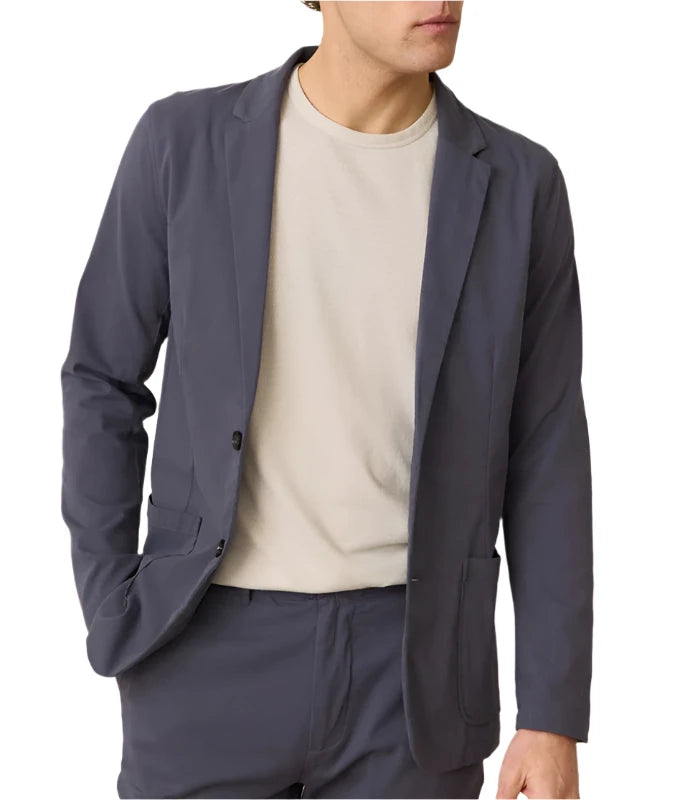 Model wearing Marine Layer Breeze Blazer in India Ink color, Front  view