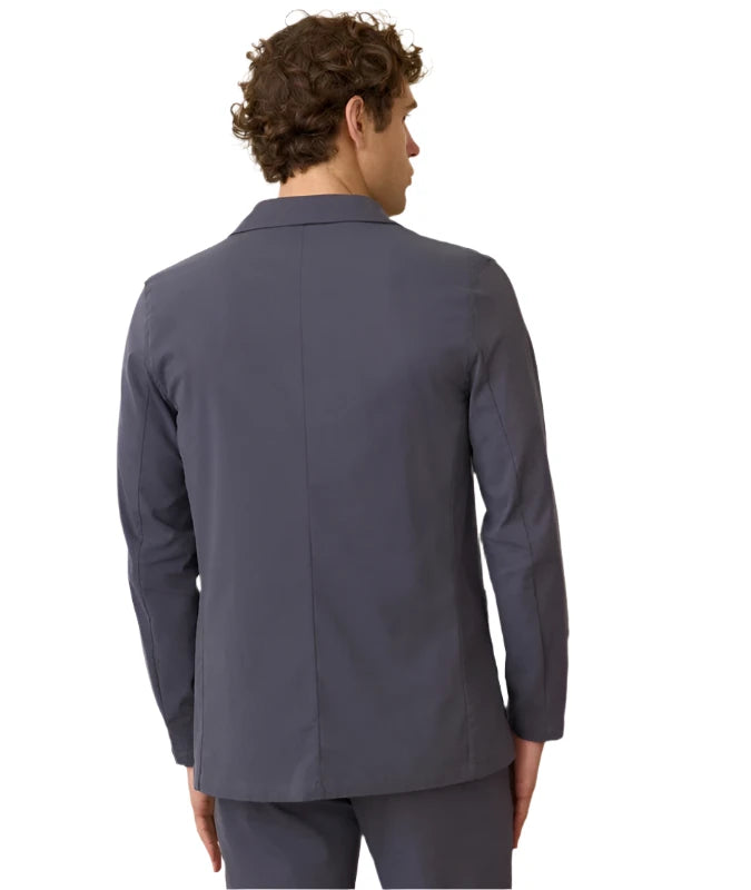 Model wearing Marine Layer Breeze Blazer in India Ink color, rear view