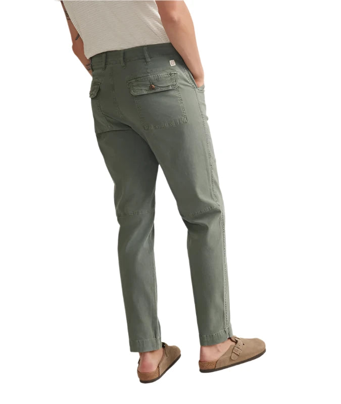 Model weraing Marine Layer Breyer Relaxed fit utility pant in vetiver (Green) color, rear   view