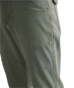 Model weraing Marine Layer Breyer Relaxed fit utility pant in vetiver (Green) color, front close up  view