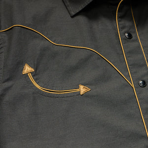 Howler Bros Broncobuster Snapshirt in antique Black, flat lay close up detail view