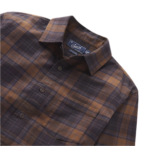 Grayers Cape stretch plain weave shirt in Brown/Black plaid, flat lay close up view