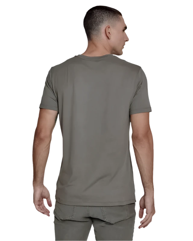 Model wearing 7 Diamonds Core crew-neck t-shirt in steel gray, rear view