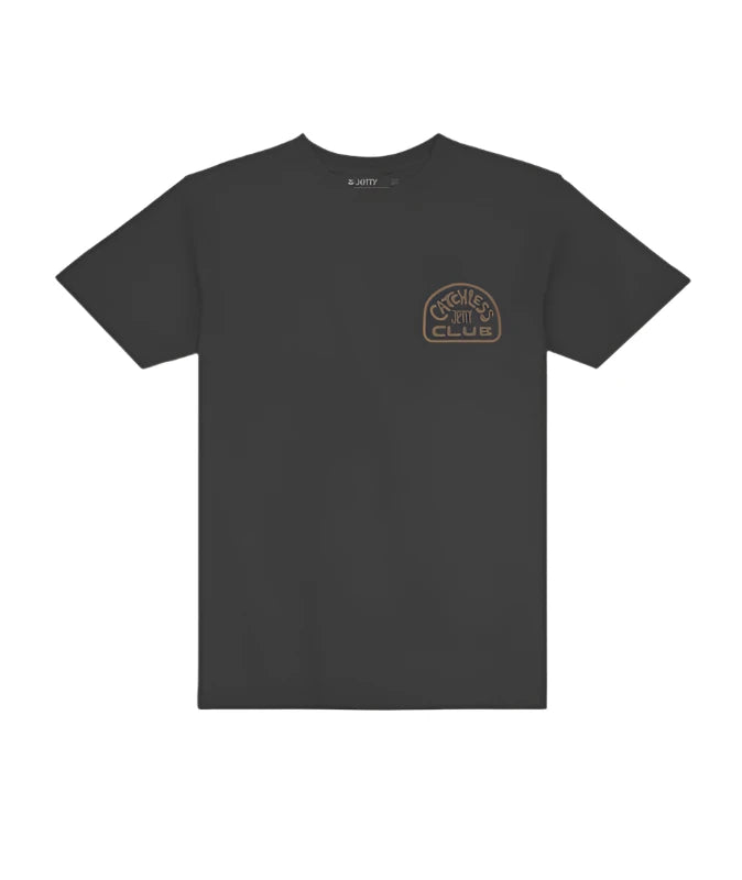 Jetty Catchless Club T-shirt in Black with large graphic on the back & left chest, Flat lay  Front view