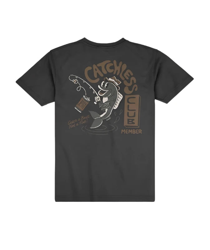 Jetty Catchless Club T-shirt in Black with large graphic on the back, Flat lay  Rear view