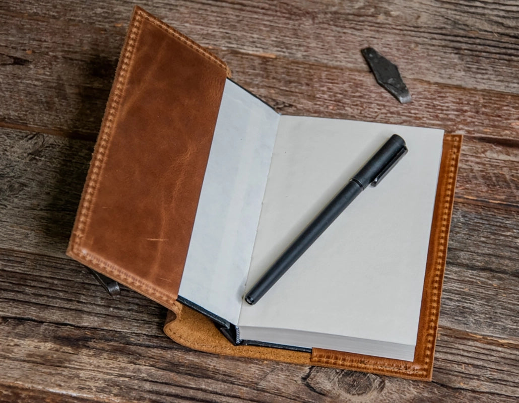 Medium sized A6 leather Journal with refillable Blank notebook, in chestnut brown color, showing inside