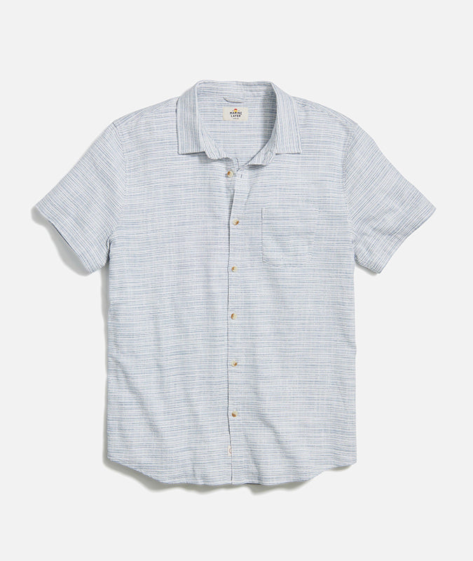 Marine Layer Stretch Selvage Shirt in lue mIni Stripe, front view