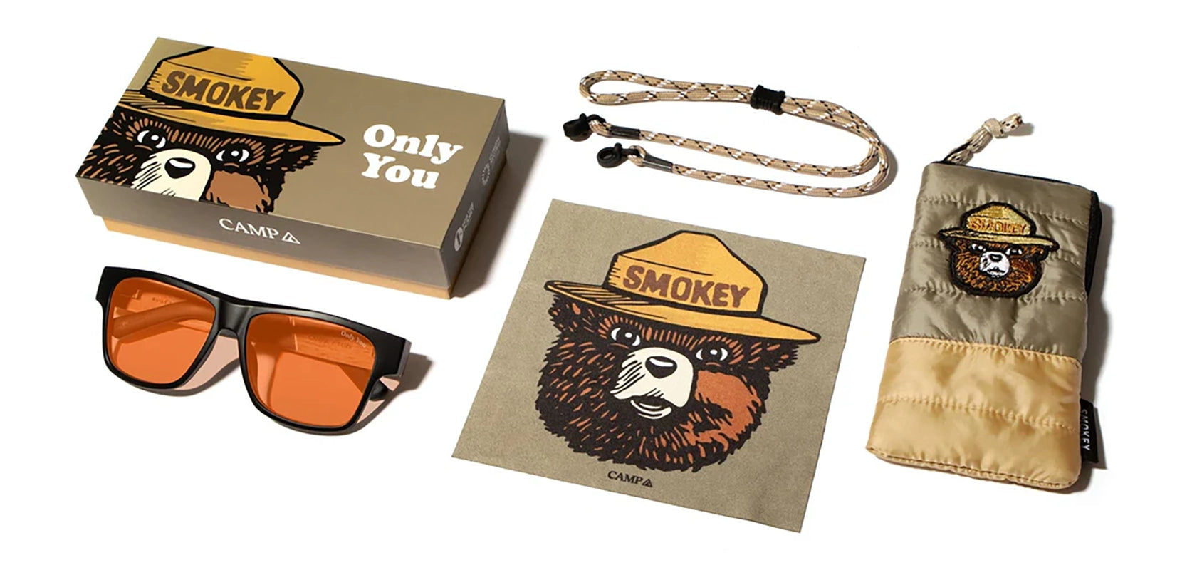 Camp Sunglasses Cliff Smokey Bear with Amber lenses, expanded packaging display