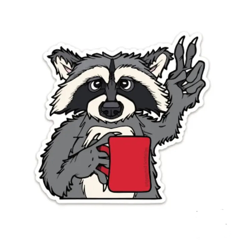 Sticker featuring a raccoon drinking coffee
