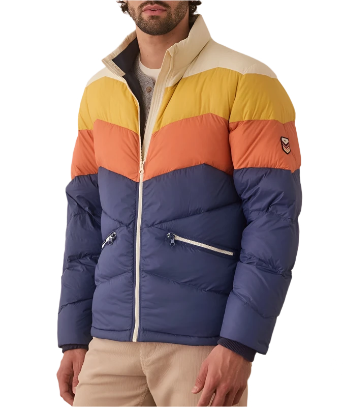 model wearing Marine Layer color block puffer Jacket, front view