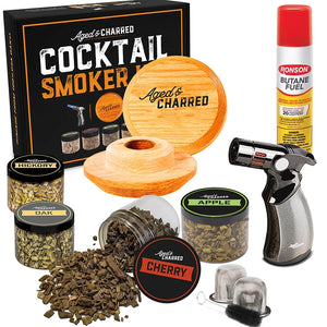 AGED & CHARRED cocktail spoking kit, showing all contents and packaging box