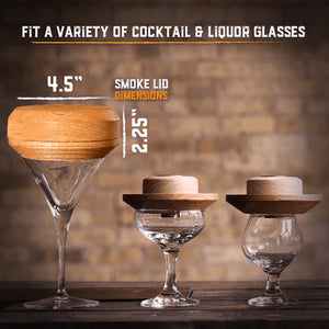 AGED & CHARRED cocktail spoking kit, showing smoker on a variety of glass sizes