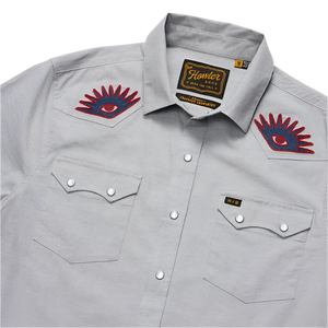 Howler Bros. Crosscut Deluxe snap shirt in the High Times design, light grey color, flat lay close up detail view