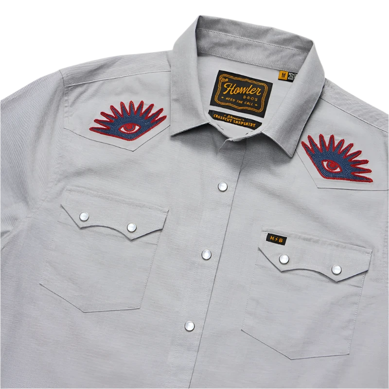 Howler Bros. Crosscut Deluxe snap shirt in the High Times design, light grey color, flat lay close up detail view