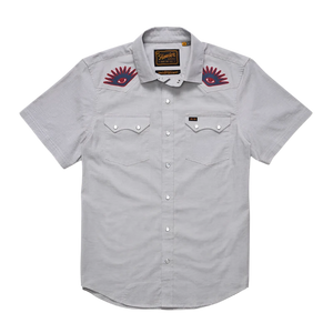 Howler Bros. Crosscut Deluxe snap shirt in the High Times design, light grey color, flat lay view