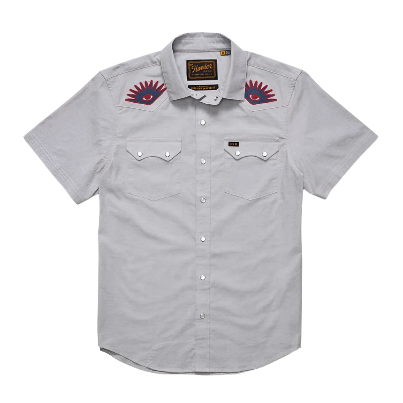 Howler Bros. Crosscut Deluxe snap shirt in the High Times design, light grey color, flat lay view