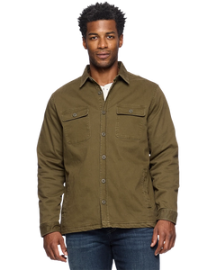 Model wearing Flag & Anthem Dunn stretch flannel lined  jacket, in Olive, Front view