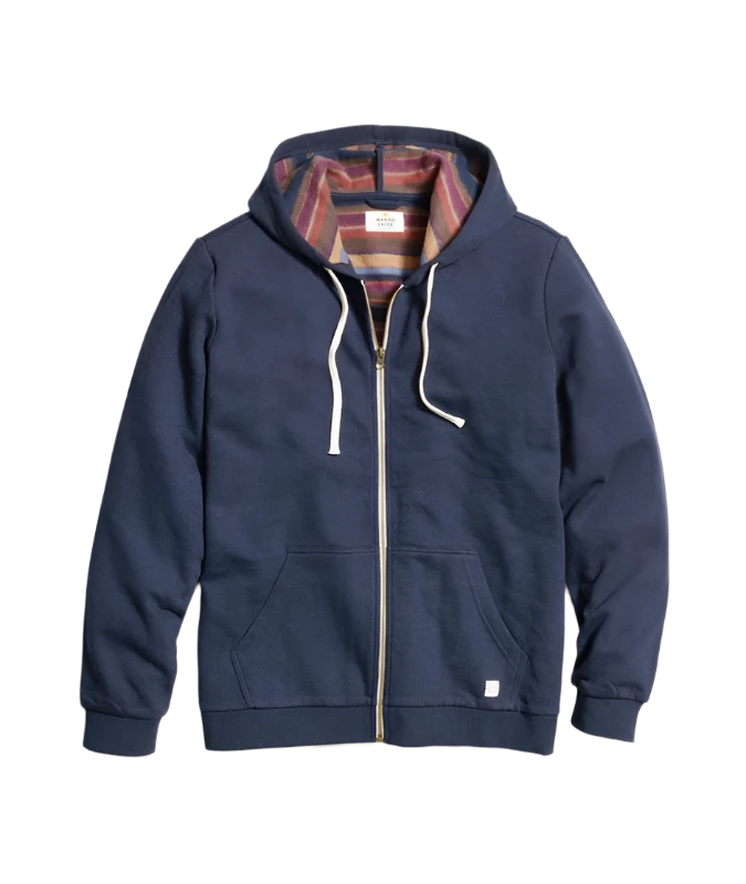 Marine Layer Fleece Stripe full zip hoodie, dark blue Baja stripe, flat lay view