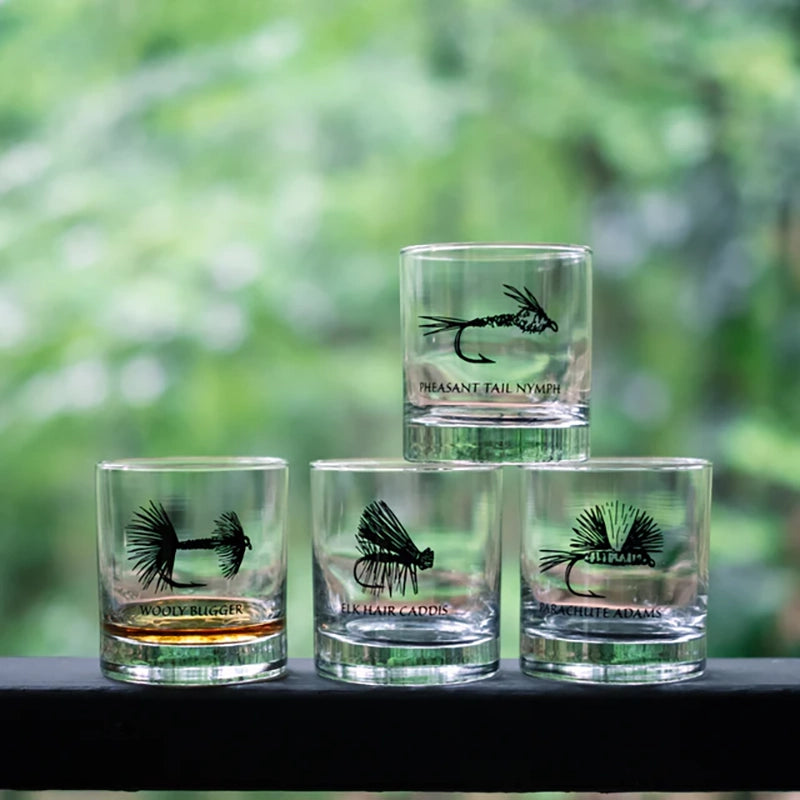 Fly fishing themed rock glasses set of 4 shown