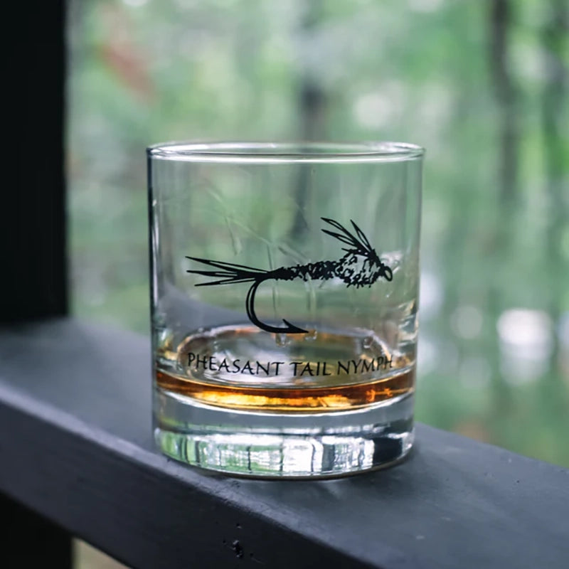 Fly fishing themed rock glasses, pheasant tail nymph shown