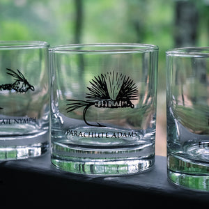 Fly fishing themed rock glasses, Parachute adams featured