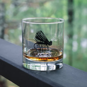 Fly fishing themed rock glasses, elk hair caddis featured