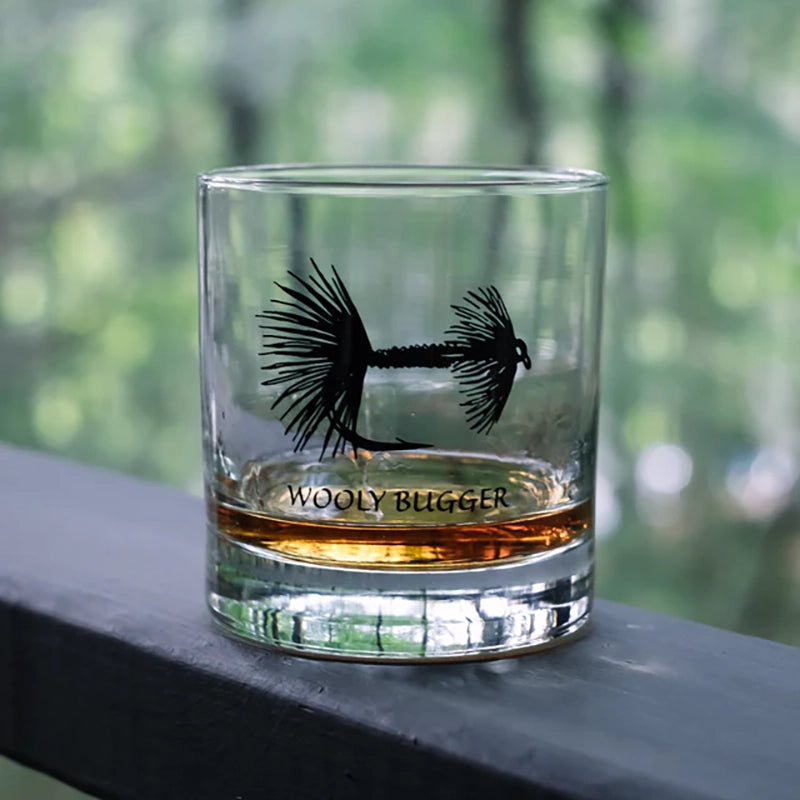 Fly fishing themed rock glasses, wooly bugger shown  