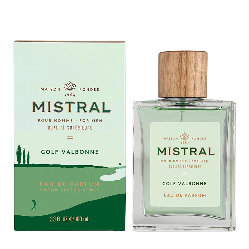 Mistral Golf Valbonne Eau De Parfum, bottle and packaging box