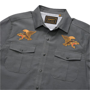 Howler bros Gaucho Snapshirt, Osprey prey design, flat lay view, close up