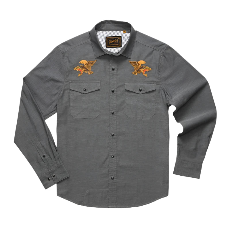 Howler bros Gaucho Snapshirt, Osprey prey design, flat lay view