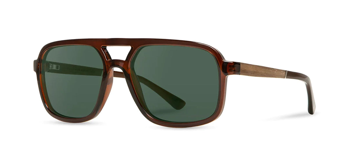 Camp Glacier Sunglasses in Clay & walnut frames, with Grey G15 polarized lenses, front angled view