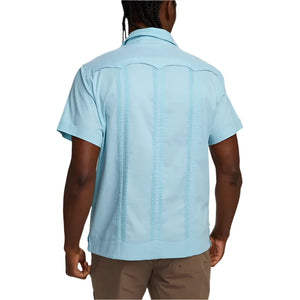 Model Wearing Howler Brothers Guayabera Shirt in Nile blue, rear  view