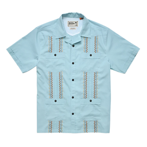 Howler Brothers Guayabera Shirt in Nile blue, flat lay view