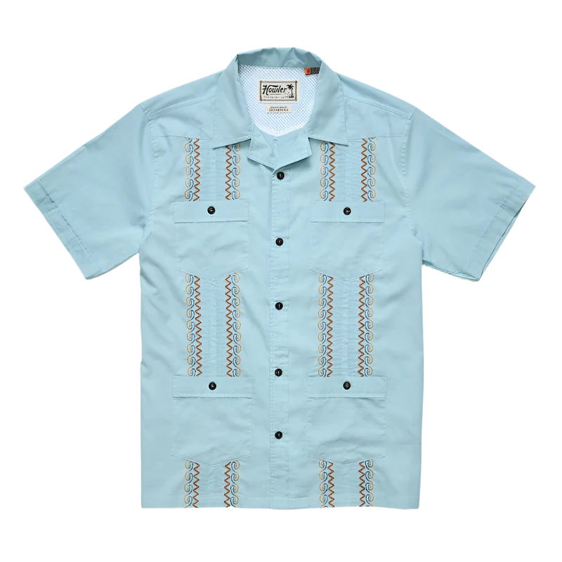 Howler Brothers Guayabera Shirt in Nile blue, flat lay view