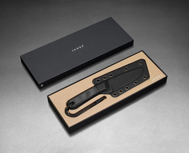 The James Brand Hell Gap Knife in Black on Black color  showing Packaging and sheath