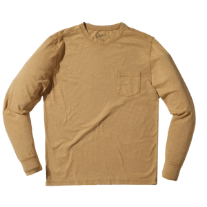 Grayers Garment dyed long sleeve tee in dijon color, flat lay view