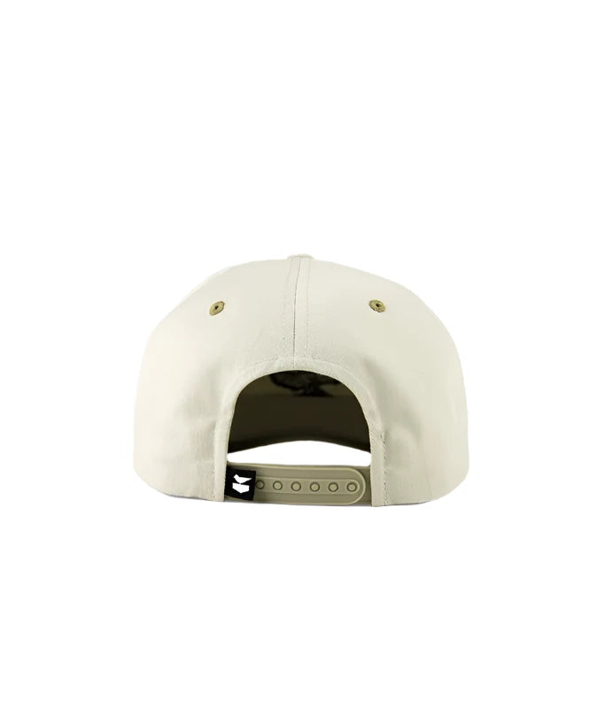 Jetty Hunter hat, natural cotton snap back cap with embroidered Osprey with fish.  rear  view