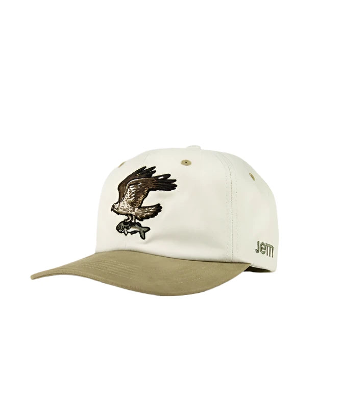 Jetty Hunter hat, natural cotton snap back cap with embroidered Osprey with fish.  Front view