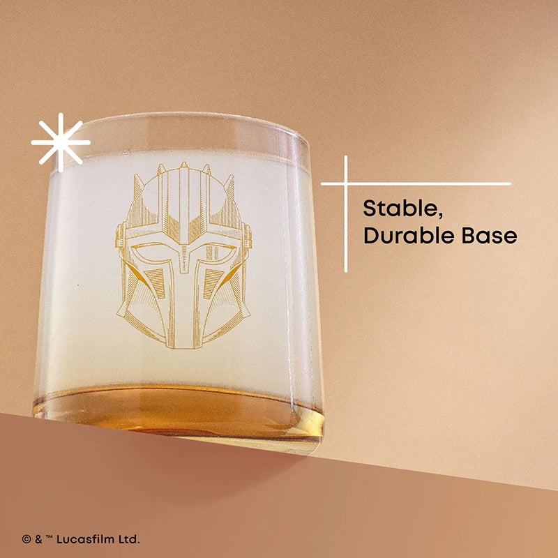 Joy Jolt Mandalorian short drinking glass set. info graphic about usable base