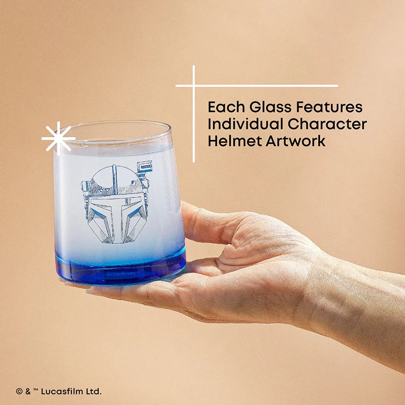 Joy Jolt Mandalorian short drinking glass set. info graphic about 4 distinct helmet art