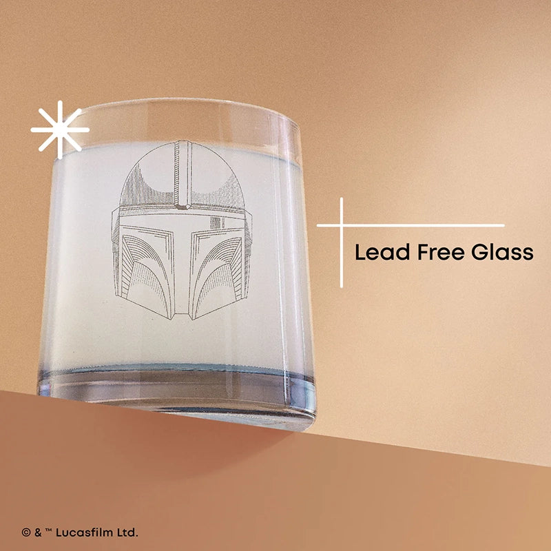 Joy Jolt Mandalorian short drinking glass set. info graphic about lead free glass